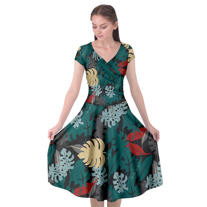 Tropical Autumn Leaves Cap Sleeve Wrap Front Dress