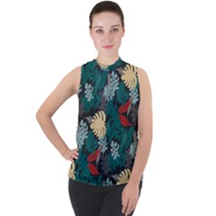 Tropical Autumn Leaves Mock Neck Chiffon Sleeveless Top by tmsartbazaar