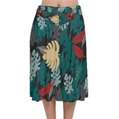 Tropical Autumn Leaves Velvet Flared Midi Skirt by tmsartbazaar