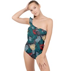 Tropical Autumn Leaves Frilly One Shoulder Swimsuit by tmsartbazaar