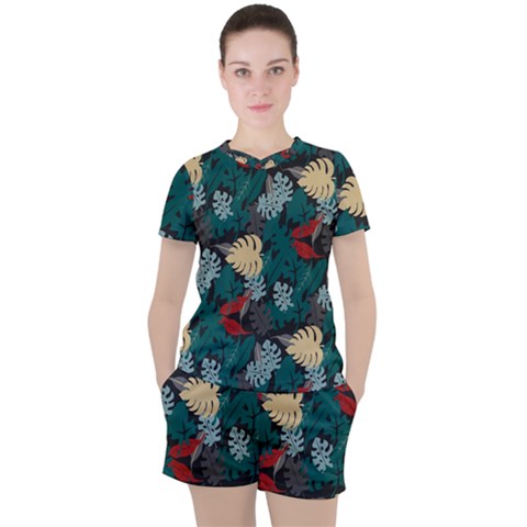 Tropical Autumn Leaves Women s Tee And Shorts Set by tmsartbazaar