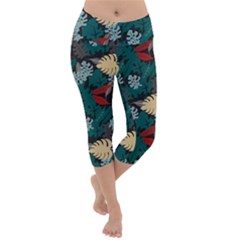 Tropical Autumn Leaves Lightweight Velour Capri Yoga Leggings by tmsartbazaar