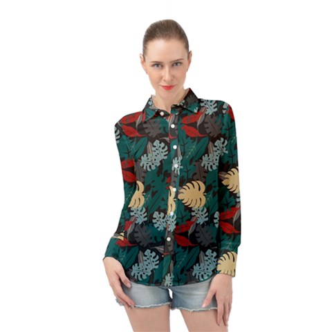 Tropical Autumn Leaves Long Sleeve Chiffon Shirt by tmsartbazaar