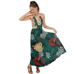 Tropical Autumn Leaves Backless Maxi Beach Dress by tmsartbazaar