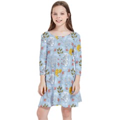 Blue Florals Kids  Quarter Sleeve Skater Dress