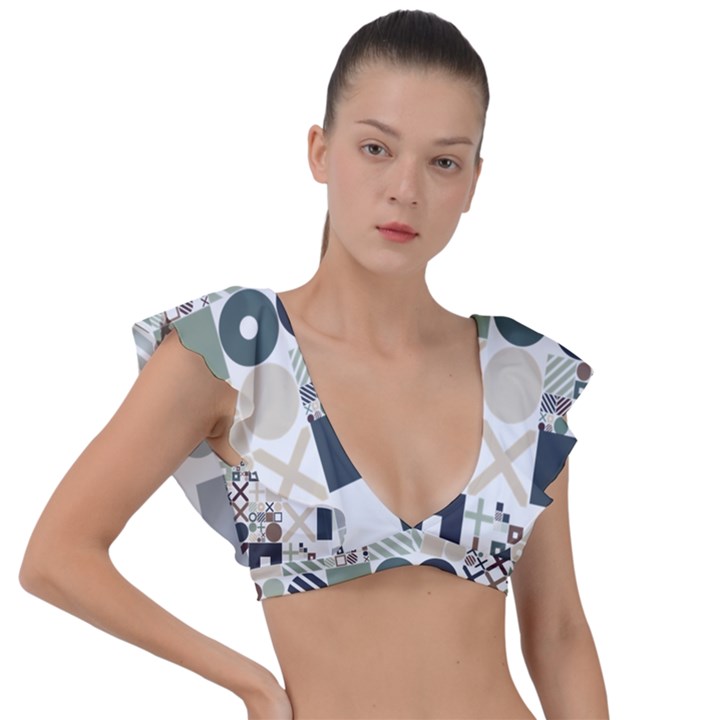 Mosaic Print Plunge Frill Sleeve Bikini Top