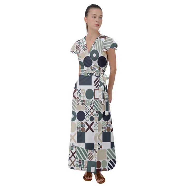 Mosaic Print Flutter Sleeve Maxi Dress