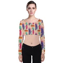 Minimal Floral Art Velvet Long Sleeve Crop Top by designsbymallika