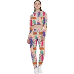 Minimal Floral Art Cropped Zip Up Lounge Set