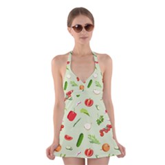 Seamless Pattern With Vegetables  Delicious Vegetables Halter Dress Swimsuit  by SychEva