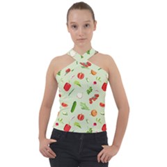 Seamless Pattern With Vegetables  Delicious Vegetables Cross Neck Velour Top by SychEva