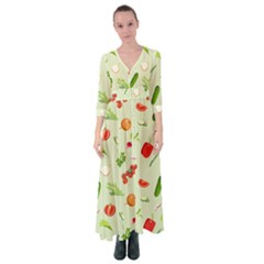 Seamless Pattern With Vegetables  Delicious Vegetables Button Up Maxi Dress by SychEva