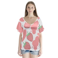 Strawberry Cow Pet V-neck Flutter Sleeve Top by Magicworlddreamarts1