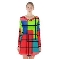 Colorful Rectangle Boxes Long Sleeve Velvet V-neck Dress