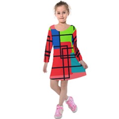 Colorful Rectangle Boxes Kids  Long Sleeve Velvet Dress