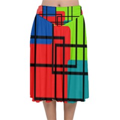 Colorful Rectangle Boxes Velvet Flared Midi Skirt