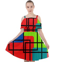 Colorful Rectangle Boxes Cut Out Shoulders Chiffon Dress