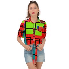 Colorful Rectangle Boxes Tie Front Shirt  by Magicworlddreamarts1