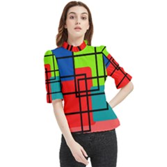 Colorful Rectangle Boxes Frill Neck Blouse