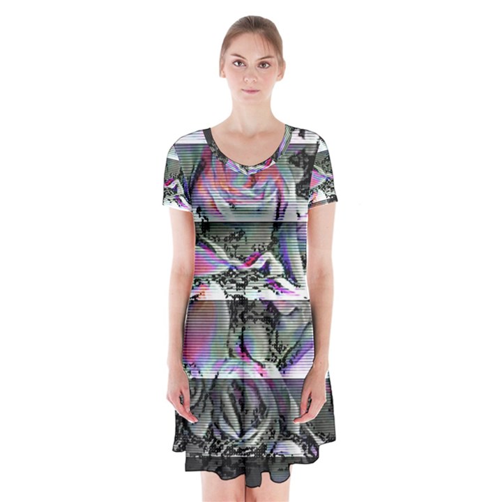 Techno Bouquet Short Sleeve V-neck Flare Dress