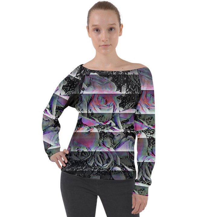 Techno Bouquet Off Shoulder Long Sleeve Velour Top