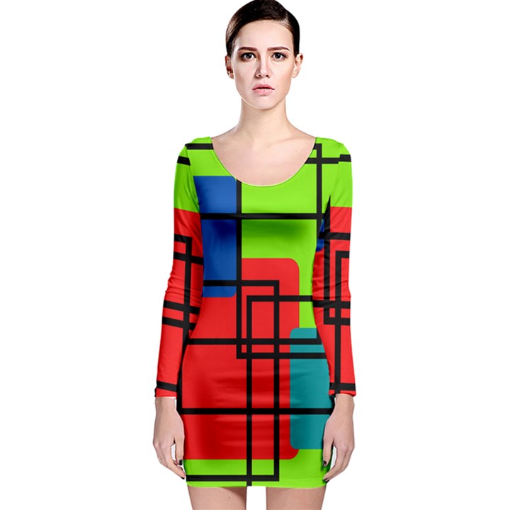 Colorful Rectangle boxes Long Sleeve Bodycon Dress