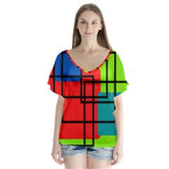 Colorful Rectangle Boxes V-neck Flutter Sleeve Top by Magicworlddreamarts1