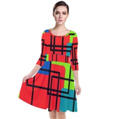 Colorful Rectangle Boxes Quarter Sleeve Waist Band Dress by Magicworlddreamarts1