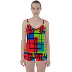 Colorful Rectangle Boxes Tie Front Two Piece Tankini