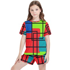 Colorful Rectangle Boxes Kids  Tee And Sports Shorts Set