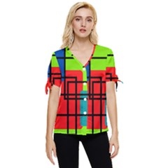 Colorful Rectangle Boxes Bow Sleeve Button Up Top