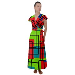 Colorful Rectangle Boxes Flutter Sleeve Maxi Dress