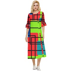 Colorful Rectangle Boxes Double Cuff Midi Dress