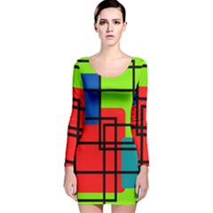 Colorful Rectangle Boxes Long Sleeve Velvet Bodycon Dress