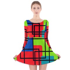 Colorful Rectangle Boxes Long Sleeve Velvet Skater Dress