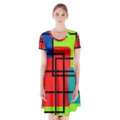 Colorful Rectangle Boxes Short Sleeve V-neck Flare Dress