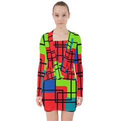 Colorful Rectangle Boxes V-neck Bodycon Long Sleeve Dress by Magicworlddreamarts1