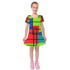 Colorful Rectangle Boxes Kids  Short Sleeve Velvet Dress