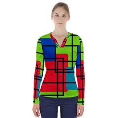 Colorful Rectangle Boxes V-neck Long Sleeve Top by Magicworlddreamarts1