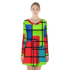 Colorful Rectangle Boxes Long Sleeve Velvet V-neck Dress