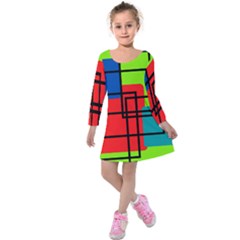 Colorful Rectangle Boxes Kids  Long Sleeve Velvet Dress