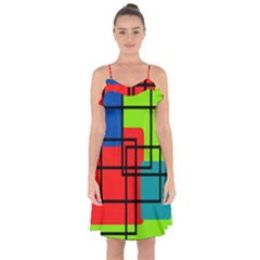 Colorful Rectangle Boxes Ruffle Detail Chiffon Dress