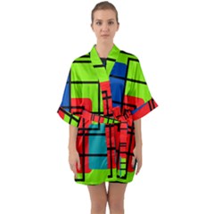 Colorful Rectangle Boxes Half Sleeve Satin Kimono 