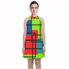 Colorful Rectangle Boxes Velvet Halter Neckline Dress 