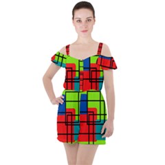 Colorful Rectangle Boxes Ruffle Cut Out Chiffon Playsuit by Magicworlddreamarts1