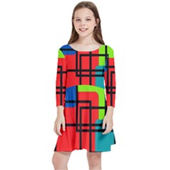 Colorful Rectangle Boxes Kids  Quarter Sleeve Skater Dress