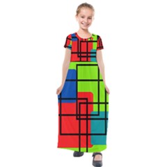 Colorful Rectangle Boxes Kids  Short Sleeve Maxi Dress