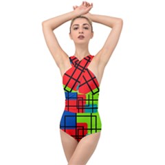 Colorful Rectangle Boxes Cross Front Low Back Swimsuit by Magicworlddreamarts1