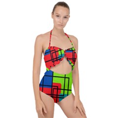 Colorful Rectangle Boxes Scallop Top Cut Out Swimsuit by Magicworlddreamarts1