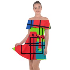 Colorful Rectangle Boxes Off Shoulder Velour Dress